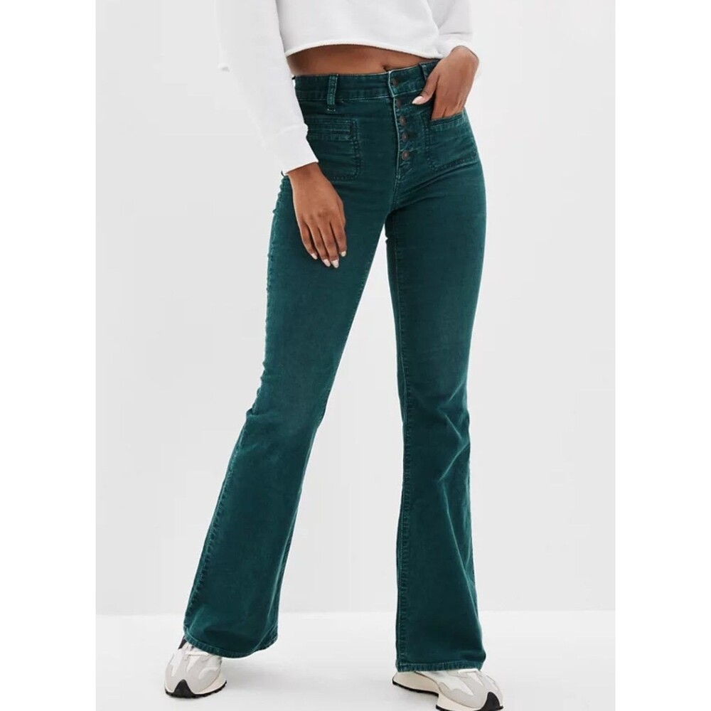 American Eagle Sz 4 Flare Corduroy Hi-Rise Pants Stretch Teal Green Button Fly